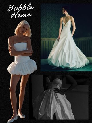 A collage of images featuring wedding dresses with bubble hems.