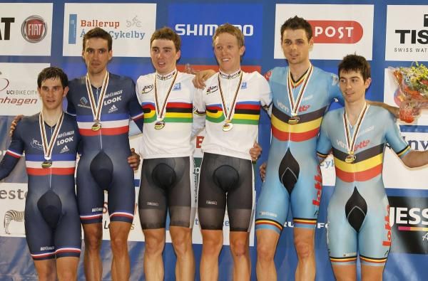 Men's madison podium (L-R): France, Australia and Belgium.
