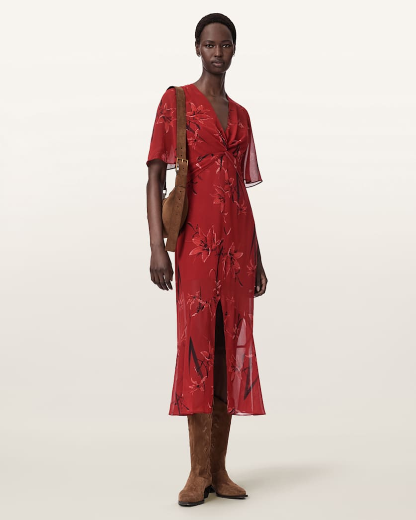 All Saints, Mollie Twist Detail Floral Midi Dress