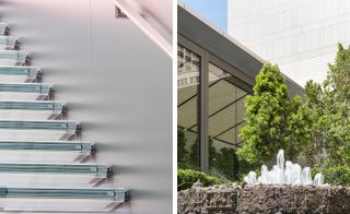 Two side-by-side photos of the staircase at Apple's San Francisco store and an outdoor public space where trees and a water fountain can be seen