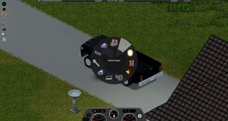 Project Zomboid - A radial menu on top of a black truck. The option for "hotwire car" is selected in the upper right corner.