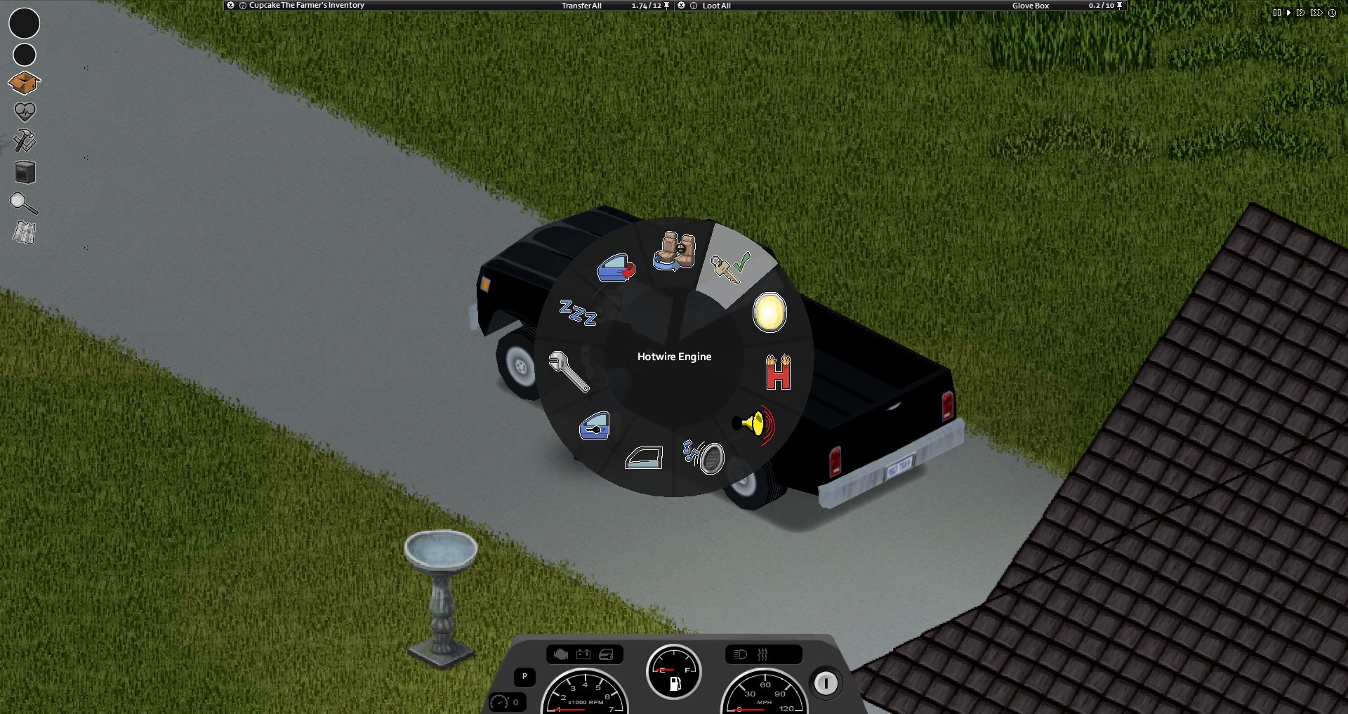 Project Zomboid - A radial menu on top of a black truck. The option for 