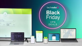 Black Friday VPN deals written next to multiple devices running VPN apps.