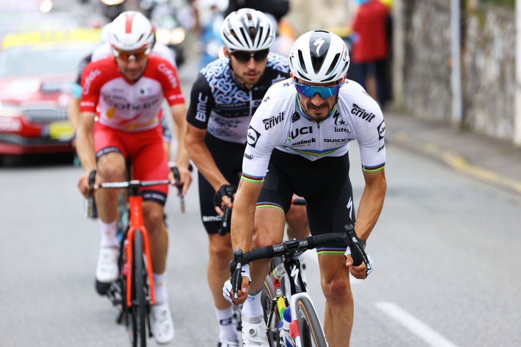 LUZ ARDIDEN FRANCE JULY 15 Julian Alaphilippe of France and Team Deceuninck QuickStep leads The Breakaway during the 108th Tour de France 2021 Stage 18 a 1297km stage from Pau to Luz Ardiden 1715m LeTour TDF2021 on July 15 2021 in Luz Ardiden France Photo by Tim de WaeleGetty Images