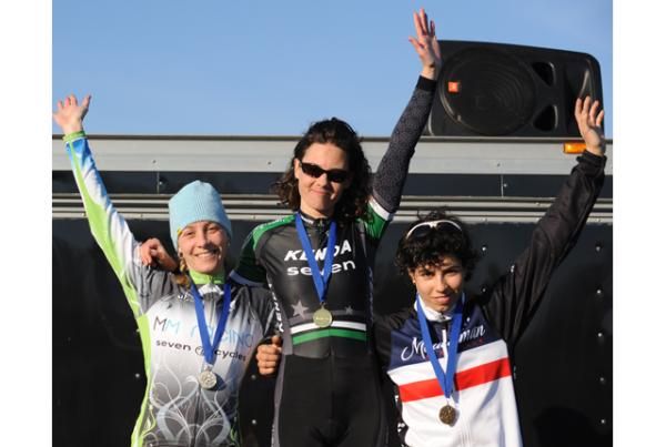 The elite women's podium (l-r): Maureen Bruno Roy (MM Racing p/b Seven Cycles), 2nd; Mary Mcconneloug (Kenda - Seven - NoTubes), 1st; Anna Barensfeld (Minuteman Road Club), 3rd.