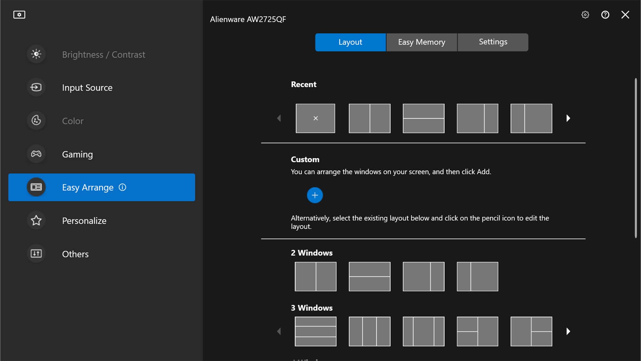 Screenshot of the Dell Display Manager 2's easy arrange tab with different window options.