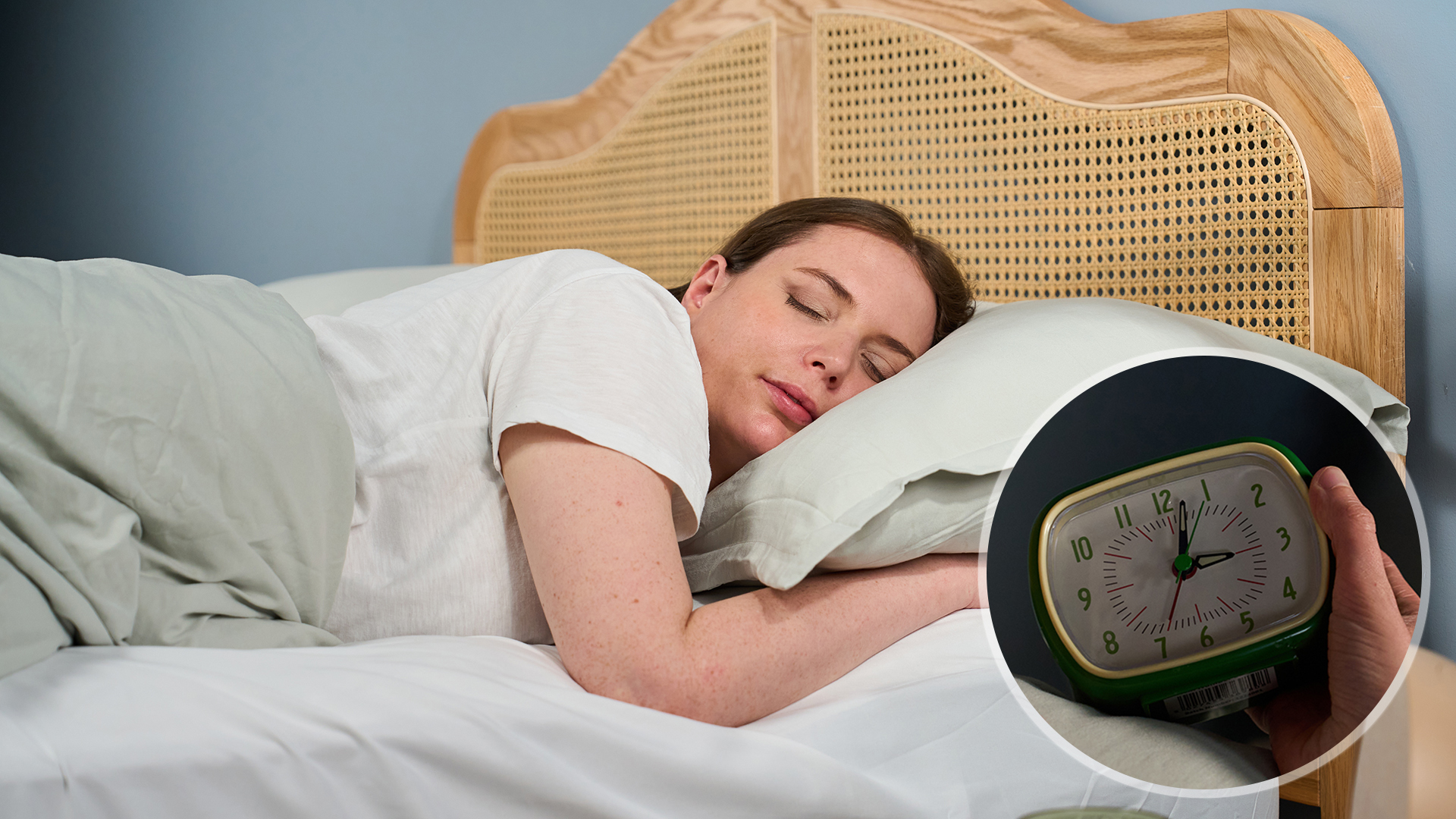 The main image shows a woman in bed asleep. In the bottom right corner is an ident showing a close up of an alarm clock at 3 a.m..