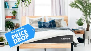 The image shows the Allswell 10&quot; hybrid mattress on a wooden bed frame in a neutral befroom