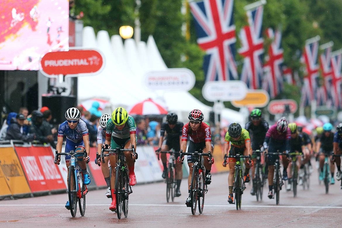 The pack rolls over the RideLondon finish line