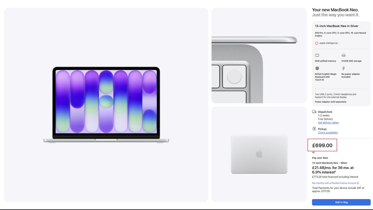 Screenshot of an online store page displaying a silver MacBook Air, shown from the front, side, and top views, with product details and purchase options on the right.