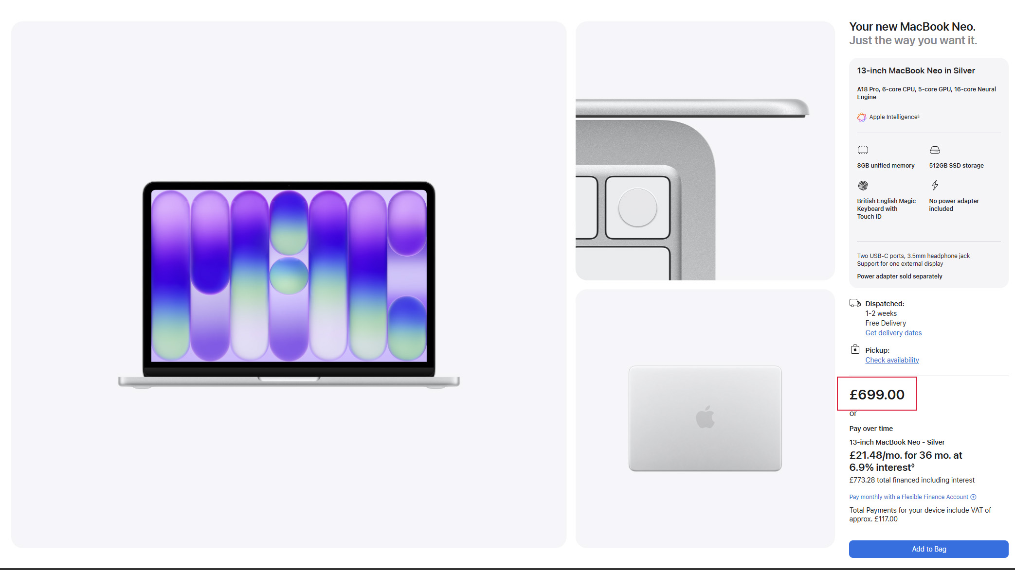 Screenshot of an online store page displaying a silver MacBook Air, shown from the front, side, and top views, with product details and purchase options on the right.