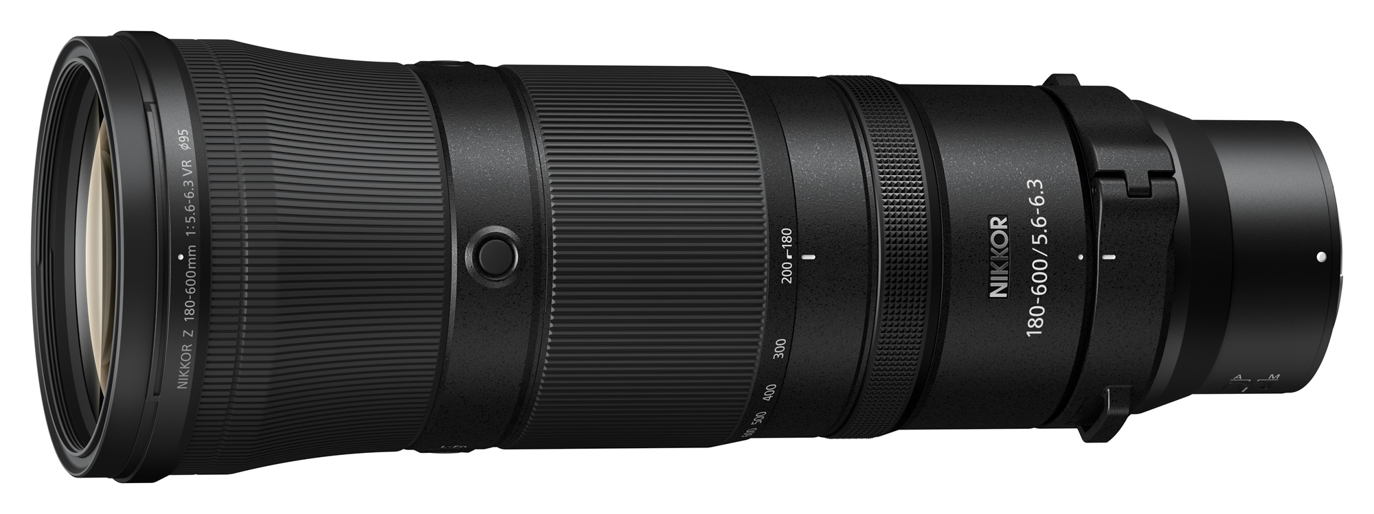 The Nikkor Z 180-600mm lens on a white background