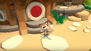 Lucky's TEt skærmbillede af hovedpersonen i Lucky's Tale, der står uden for et hus og vinker