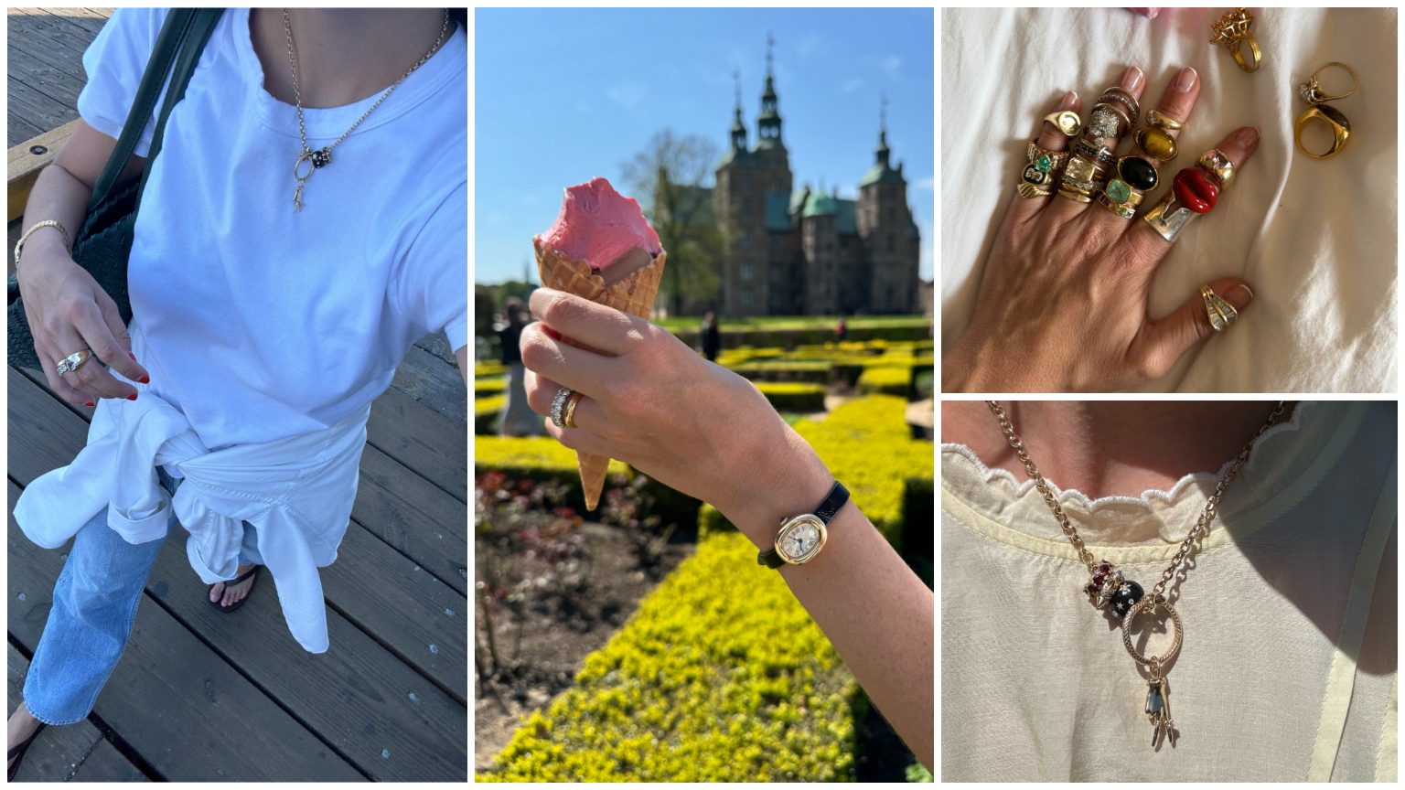 split image of rachel whitehouse wearing gold jewelry