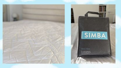 Two images of the Simba Performance Mattress Protector: one of it on the bed and one in its packaging