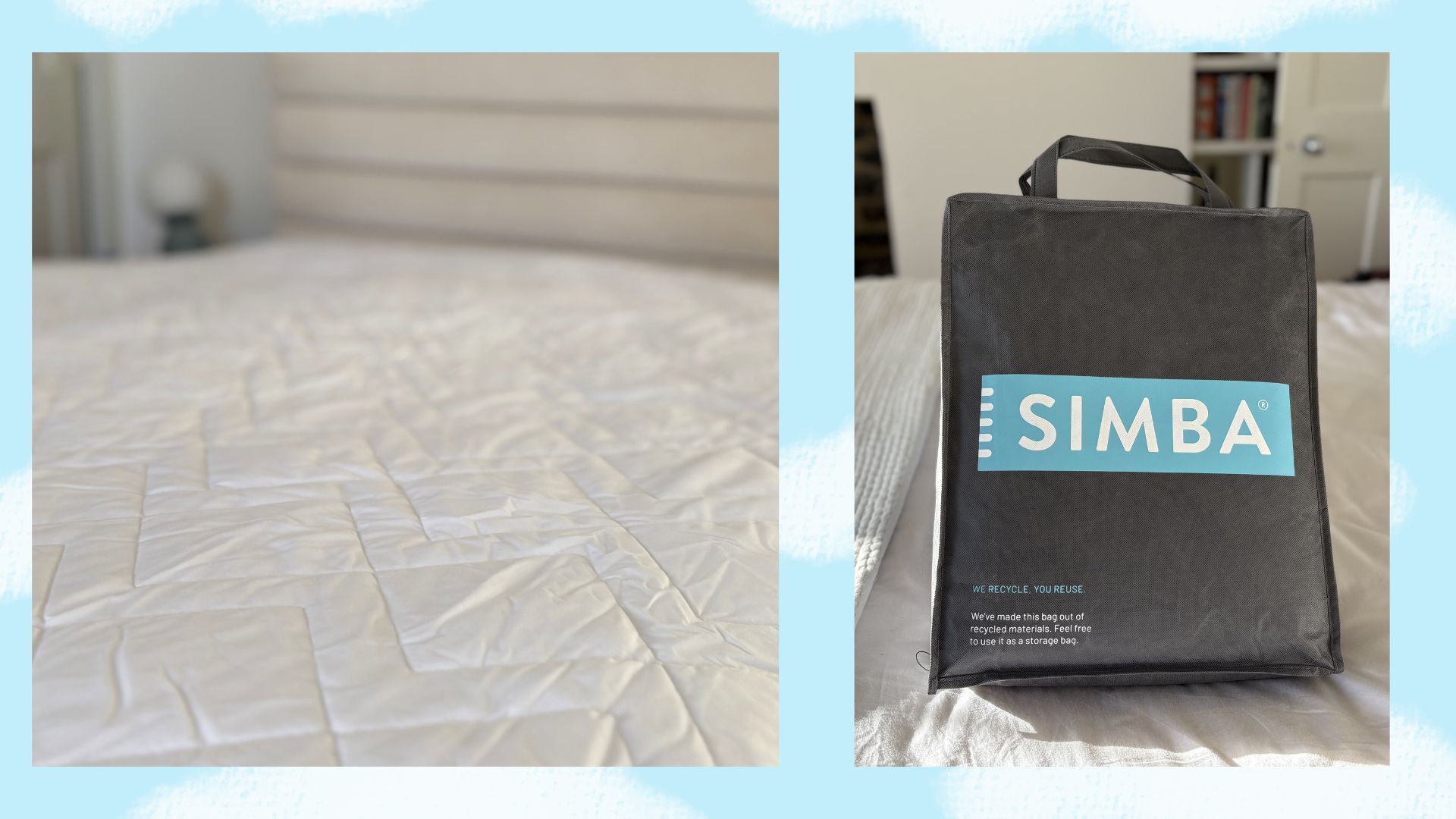 Two images of the Simba Performance Mattress Protector: one of it on the bed and one in its packaging