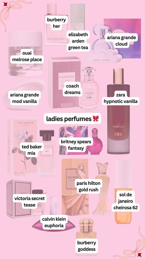 A selection of ladies perfumes with their names and images.