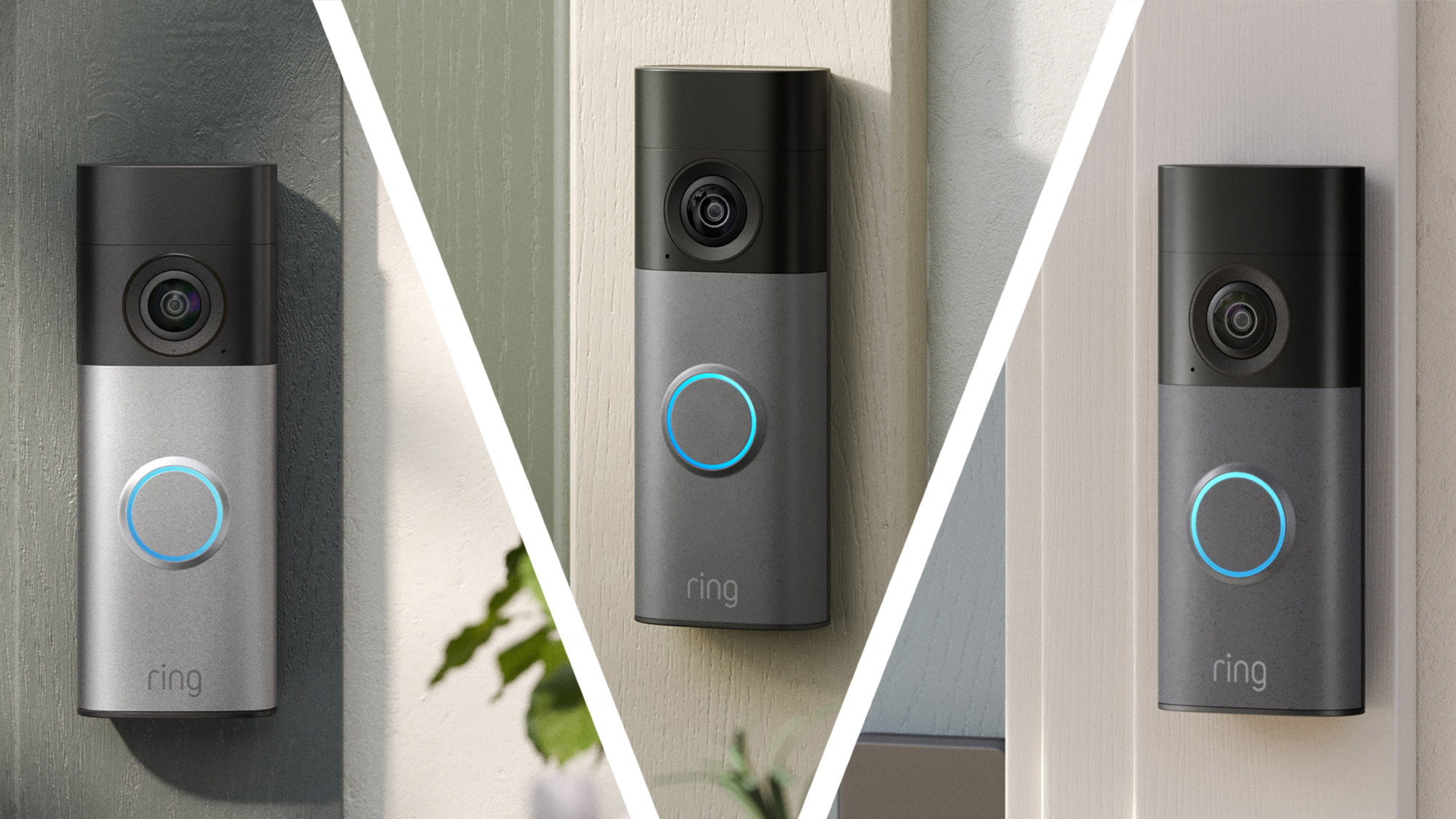 Three Ring video doorbells mounted on walls