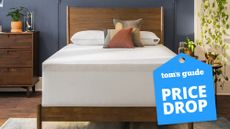 Monthly tempur-pedic mattress deals include the Tempur Cloud mattress and topper, shown here on a light wooden bedframe with a blue 'price drop' sales badge overlaid on the image