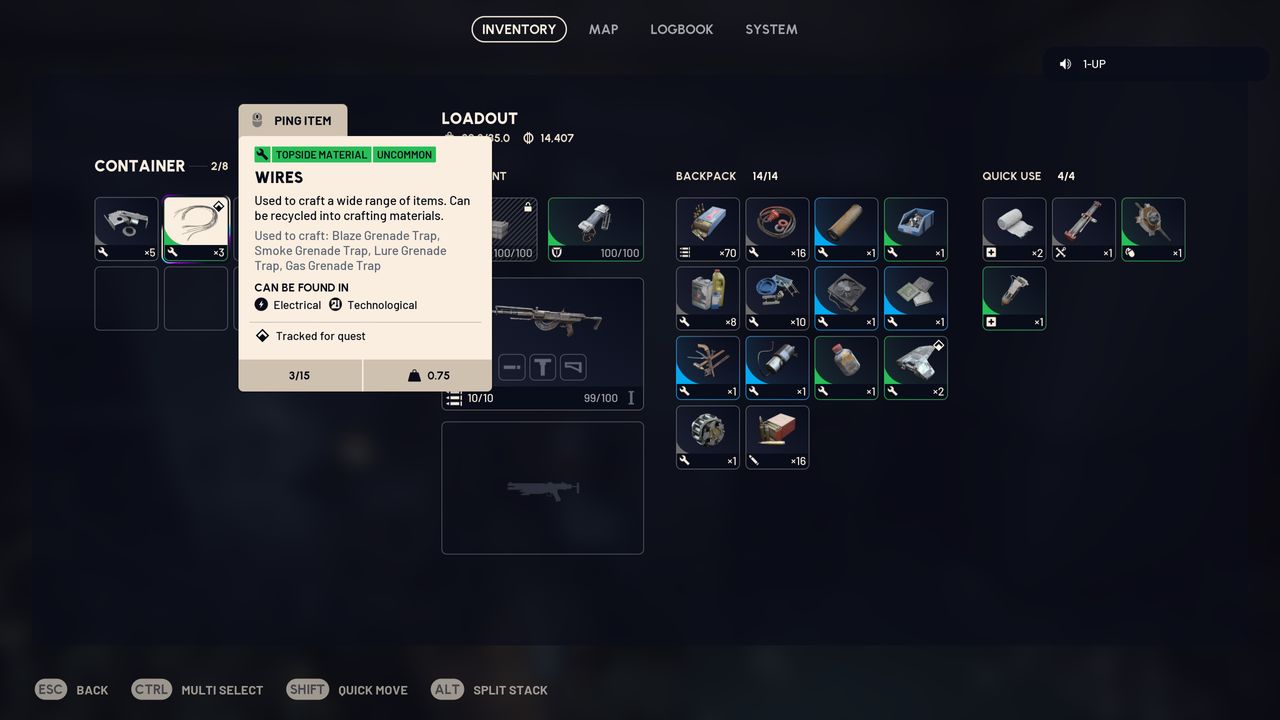Arc Raiders: Inspecting wires in the player's inventory, giving a description of what the item is, what it's used for, and where you can find them.