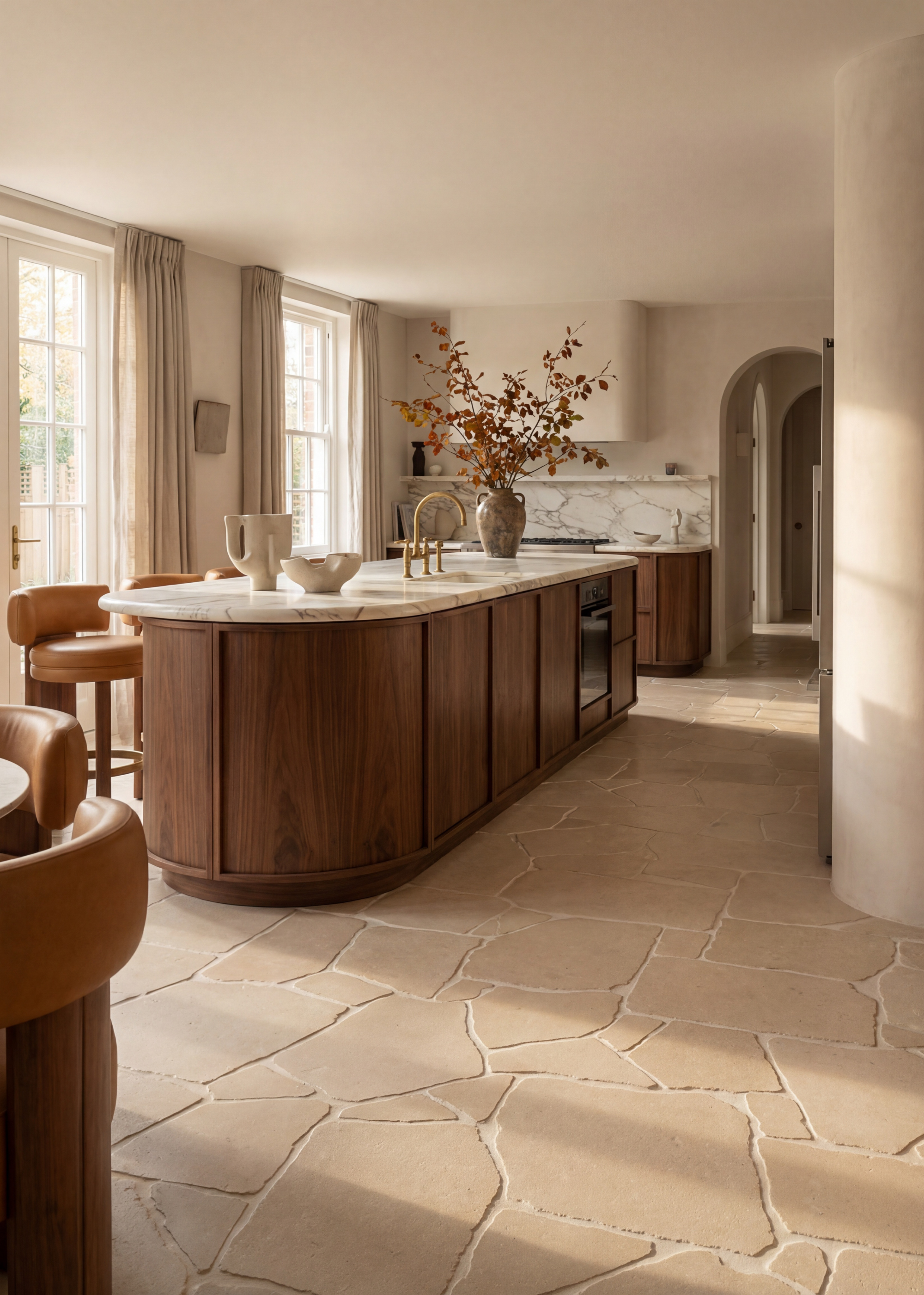 A modern traditional dark wood kitchen with a tumbled-edge limestone floor and a oval island with a marble countertop