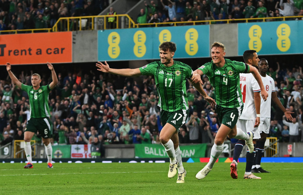 BELFAST, NORTHERN IRELAND - SEPTEMBER 05: Paddy McNair of Northern Ireland celebrates scoring his team's first goal during the UEFA Nations League 2024/25 League C Group C3 match between Northern Ireland and Luxembourg at Windsor Park on September 05, 2024 in Belfast, Northern Ireland. (Photo by Charles McQuillan/Getty Images)