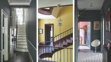 Trio of entryway shots. Left is dark gray walls with white gloss stairs and dark wooden floors. Middle is yellow walls with winding dark wooden stairs and white ceilings. Right is checked black and white floor tiles with dark blue walls and peek of pink room in background