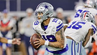  Dallas Cowboys quarterback Trey Lance (19) looks downfield for an open receiver ahead of the Cowboys vs Texans live stream