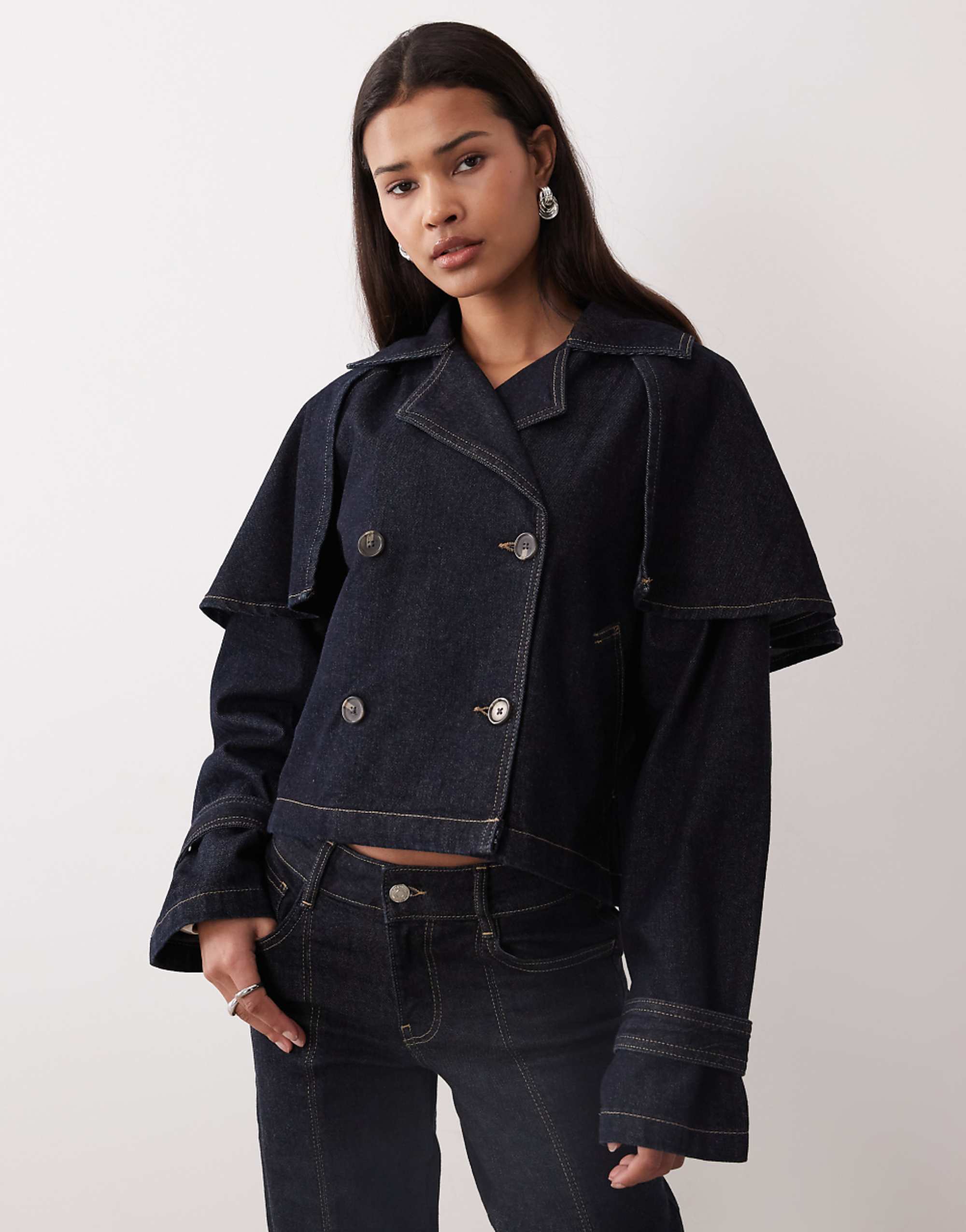 Gina Tricot Cape Short Denim Trench Jacket in Indigo Rinse Dark Wash