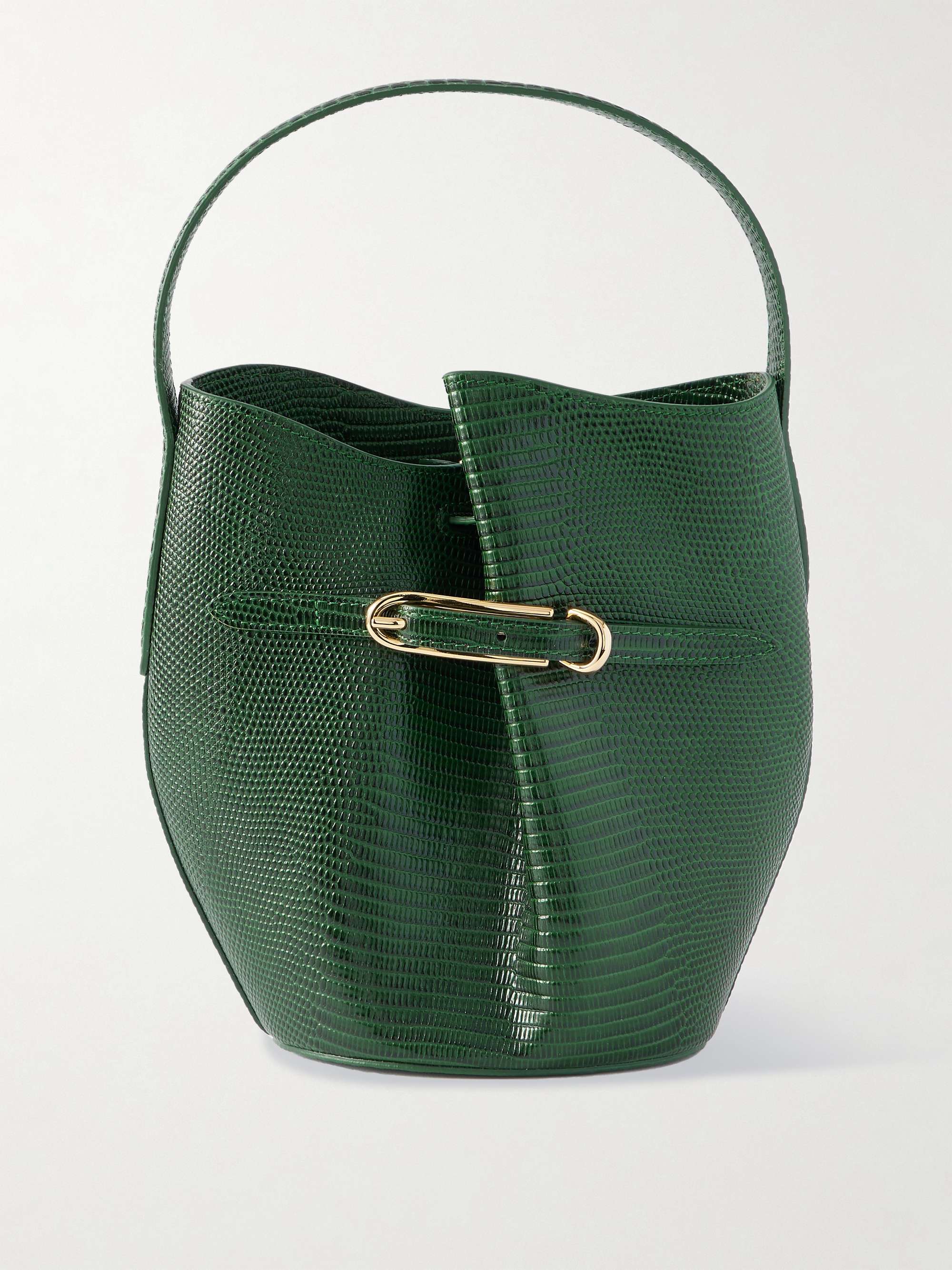 Belted Lizard-Effect Leather Bucket Bag