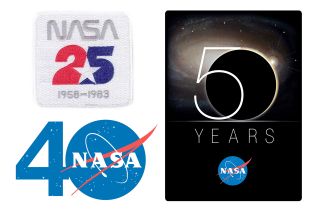 NASA’s previous anniversary logos: 25th in 1983 (top left), 40th in 1998 (bottom left) and 50th in 2008 (at right).