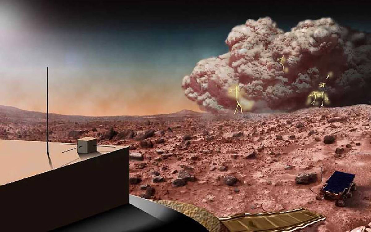 An artist&#039;s concept of an electric Martian dust storm. New research shows that Martian storms may &quot;crackle with electricity,&quot; but are probably incapable of generating long bolts of lightning.