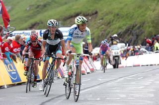 Ivan Basso leads Andy Schleck and Cadel Evans inside the final 500m.