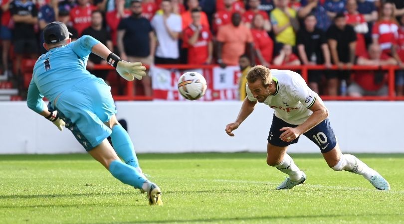 Harry Kanes heads in his second goal for Tottenham in their 2-0 win at Nottingham Forest.