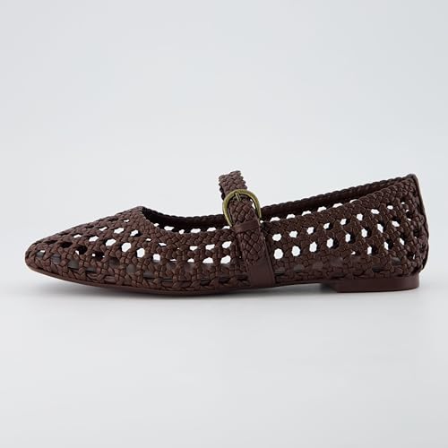 Cushionaire Weston Hand Woven Mary Jane Flats for Women, Comfortable Dressy Ballet Flats With Braided Adjustable Buckle and Memory Foam Cushioning, Brown 6