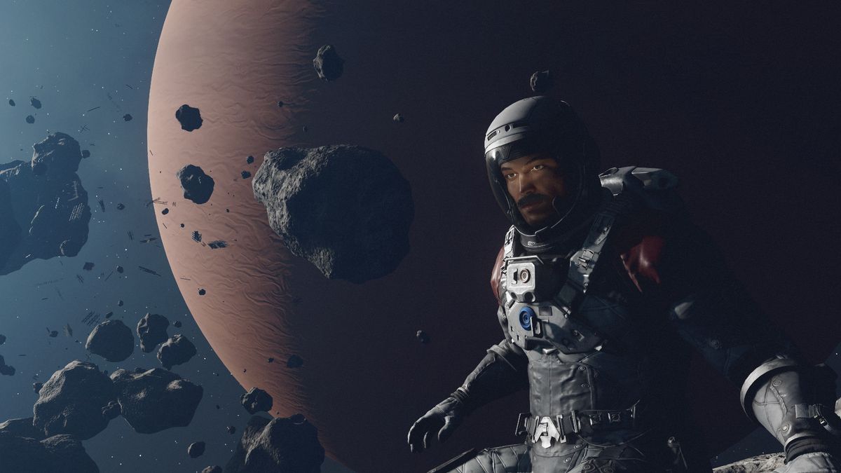 Starfield character in space suit floating amid asteroid field above gas giant