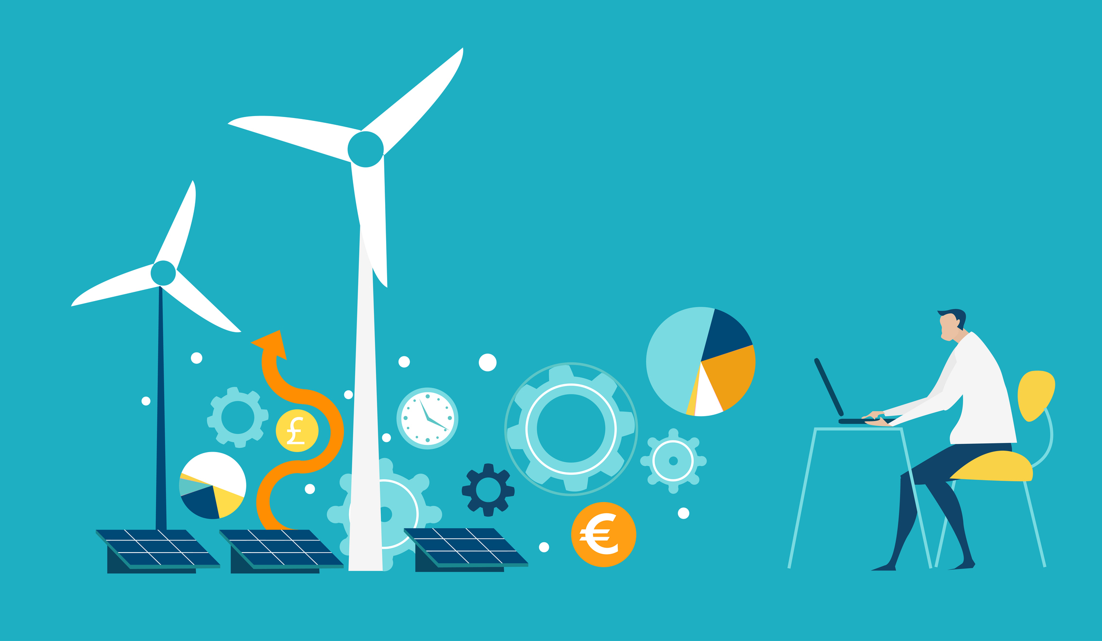 Concept image of wind turbines and currency symbols representing making returns from resilient investment trusts and renewable energy technology