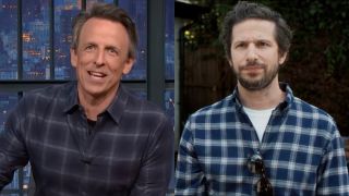 Seth Meyers and Andy Samberg in a side-by-side photo.