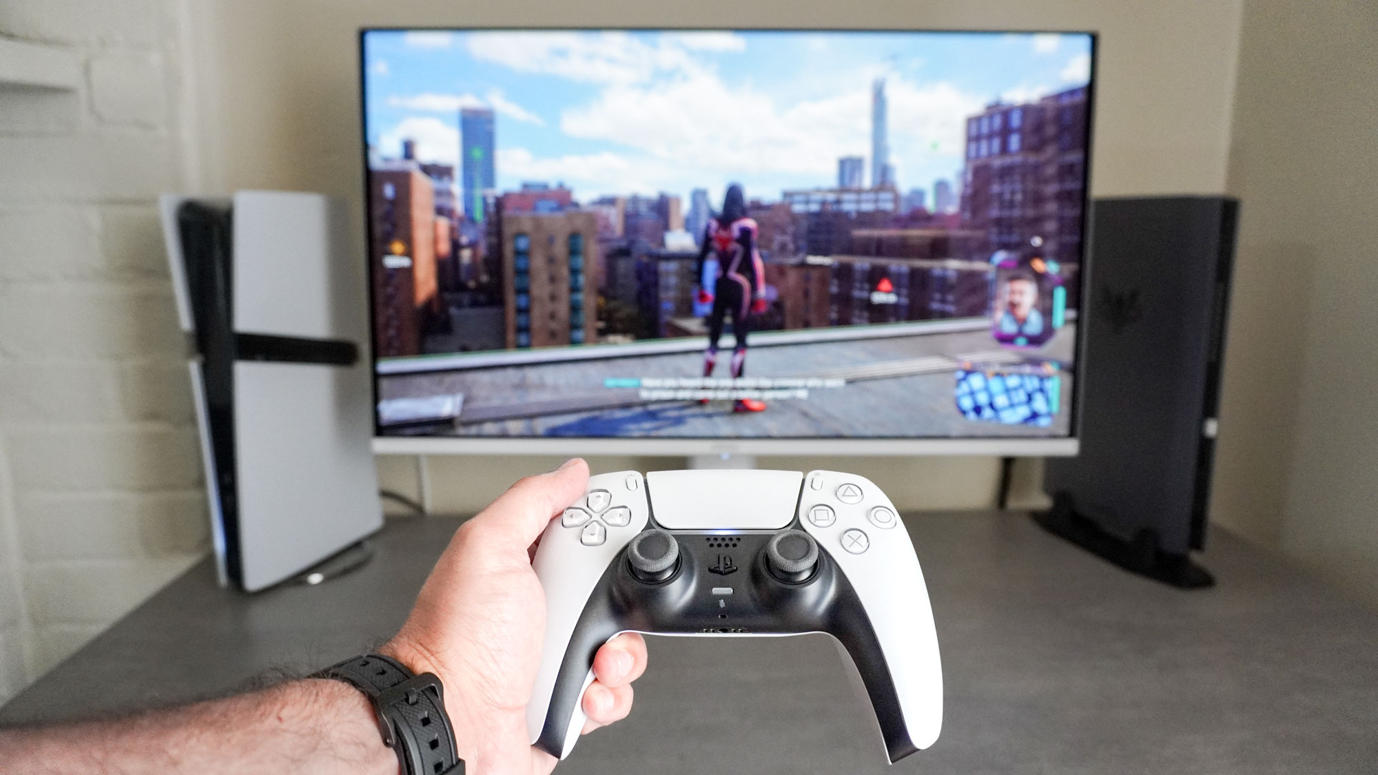 Playing Spider-Man 2 on the PS5 Pro on the MSI MPG 321URXW QD-OLED monitor
