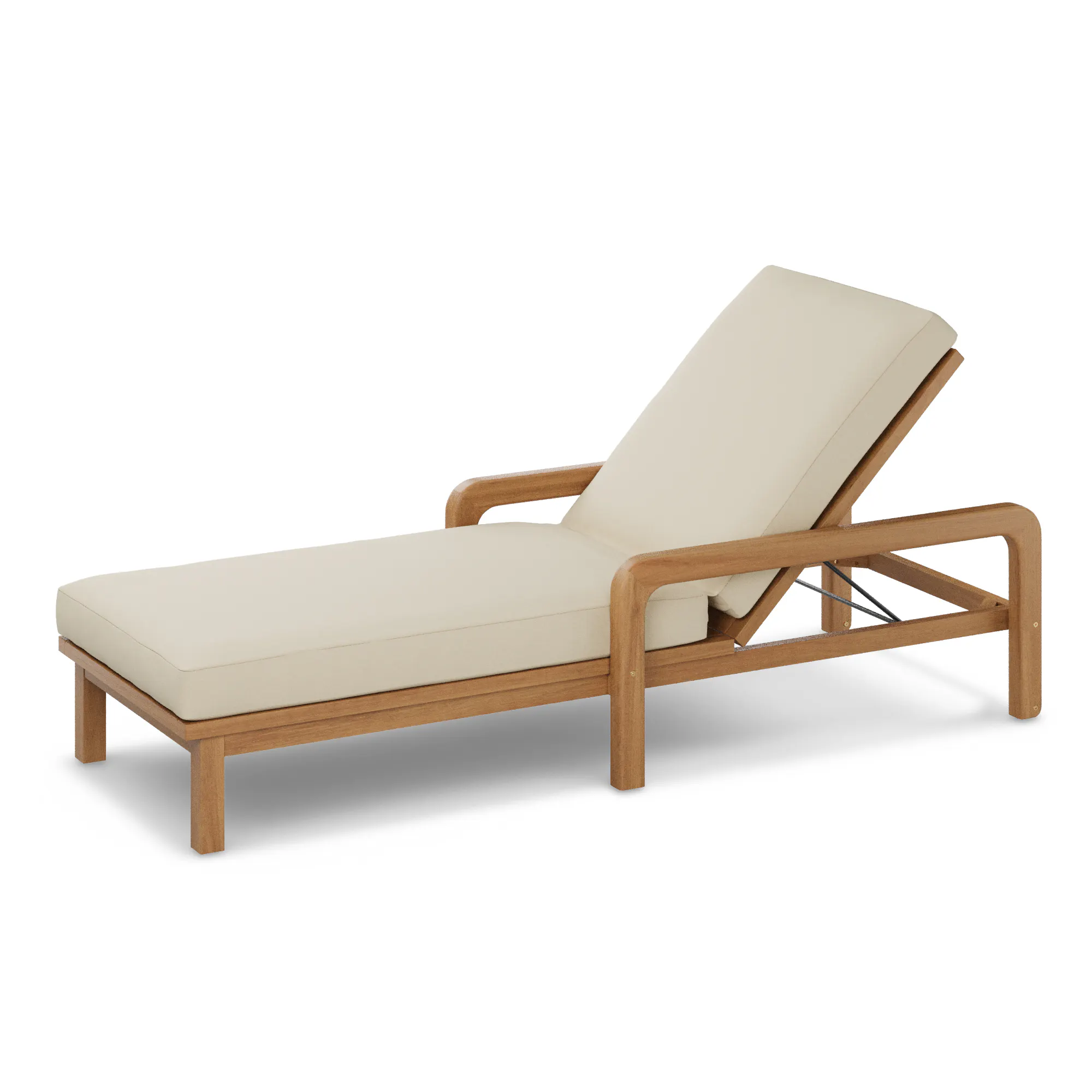 a wooden sun lounger with a cushion