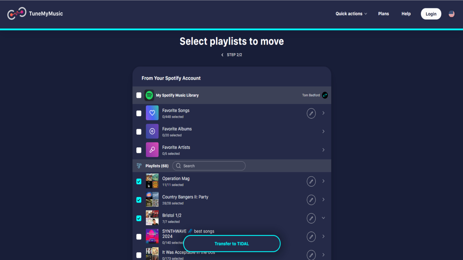 Screens from TuneMyMusic, transferring a Spotify playlist to Tidal.