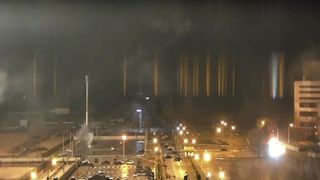 A screenshot from the Zaporizhzhia nuclear power plant's livestream during a fire following fighting between Russian and Ukrainian forces. 