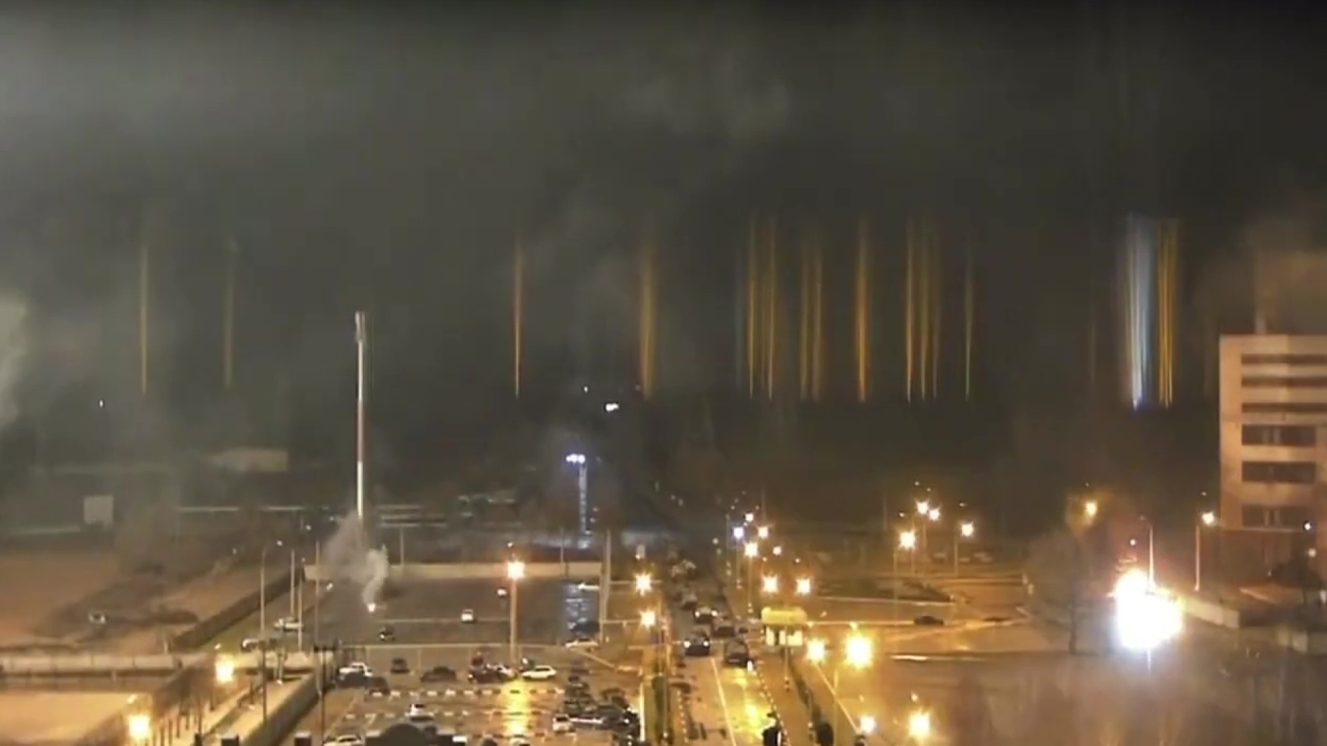 A screenshot from the Zaporizhzhia nuclear power plant's livestream during a fire following fighting between Russian and Ukrainian forces.