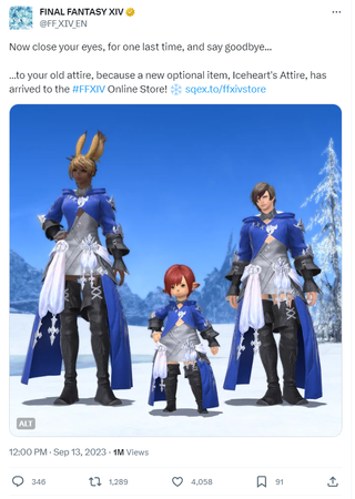 The tweet reads: Now close your eyes, for one last time, and say goodbye... …to your old attire, because a new optional item, Iceheart's Attire, has arrived to the #FFXIV Online Store! http://sqex.to/ffxivstore