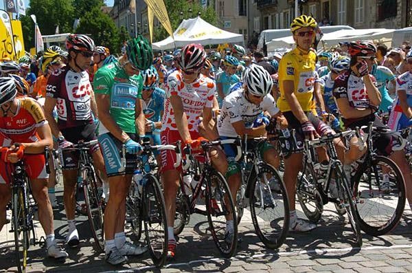 The four jerseys Zabel (green), Chavanel (polka dots), Gusev (white) and Cancellara in yellow
