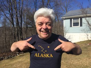 Space.com skywatching columnist Joe Rao models a T-shirt showing the Alaskan flag's stellar design.