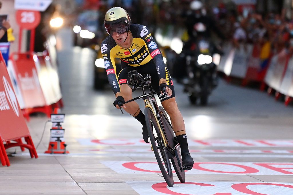 BURGOS SPAIN AUGUST 14 Primoz Roglic of Slovenia and Team Jumbo Visma celebrates after winning the 76th Tour of Spain 2021 Stage 1 a 71km individual time trial from Burgos Catedral de Santa Mara to Burgos lavuelta LaVuelta21 CapitalMundialdelCiclismo catedral2021 on August 14 2021 in Burgos Spain Photo by Stuart FranklinGetty Images