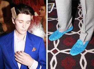 Models in a jewelled slipper & Blue suit.