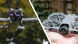 Photo diptych with DJI Mini 5 Pro in the air on the left, and the DJI Neo 2 in person's hand on the right