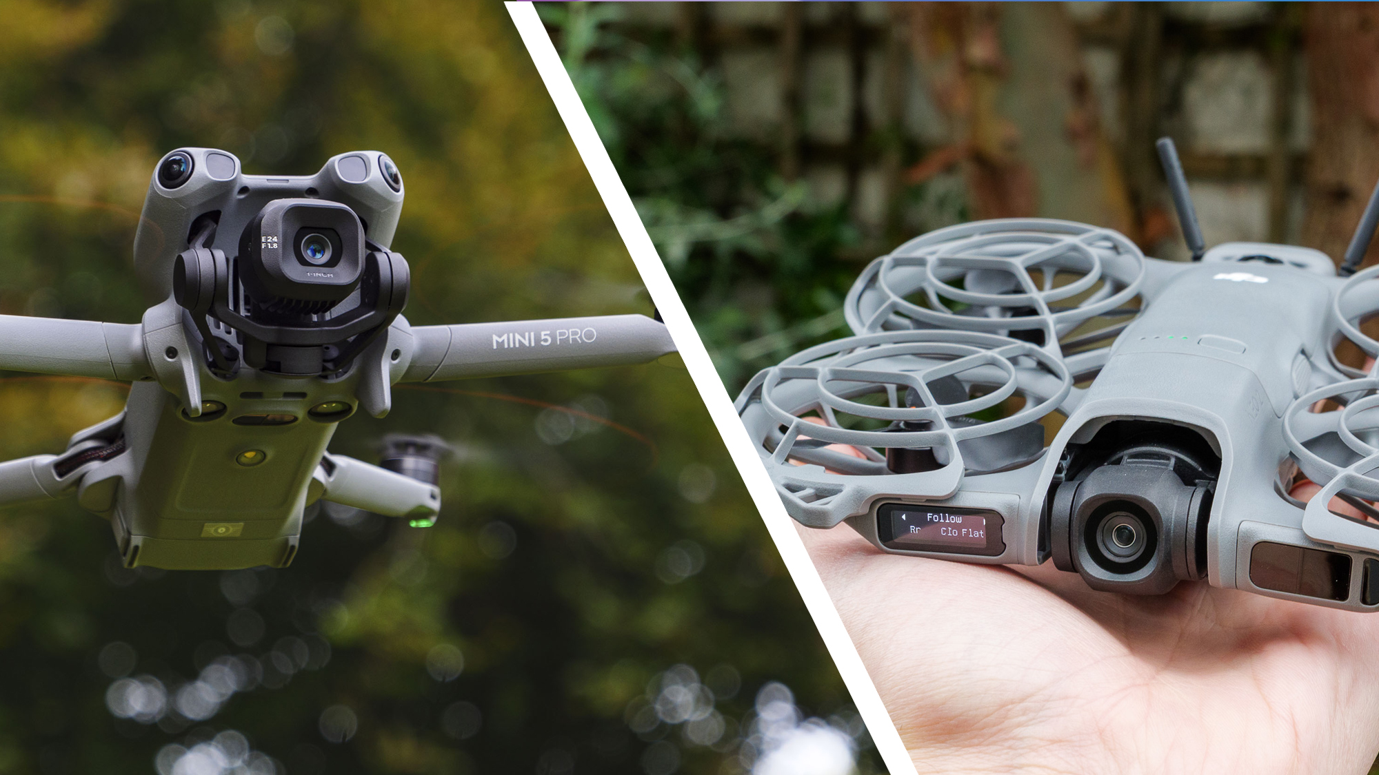 Photo diptych with DJI Mini 5 Pro in the air on the left, and the DJI Neo 2 in person&#039;s hand on the right